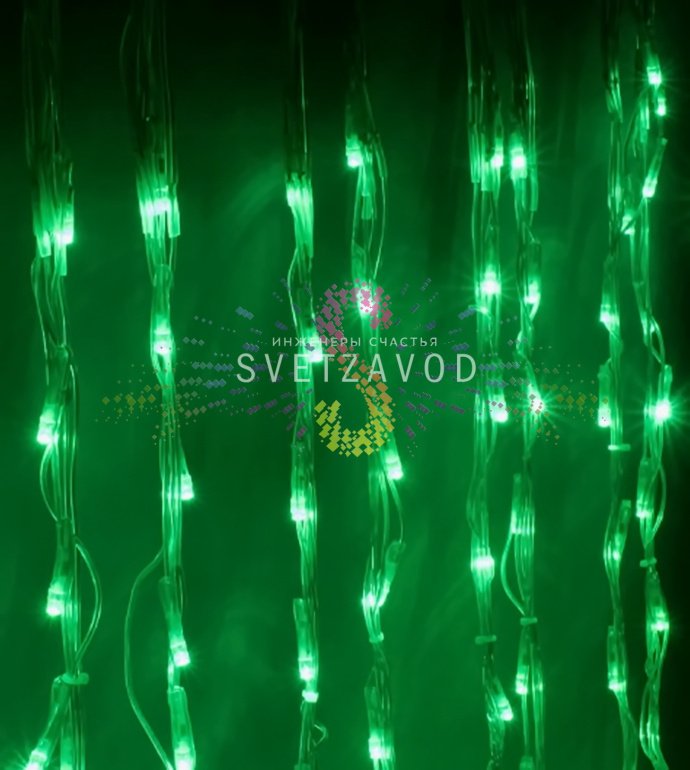 Детальное фото светодиодного дождя SPL-908: 21 вертикальная нить с зелеными диодами, контроллер, прозрачные провода ПВХ, коннекторы для соединения.