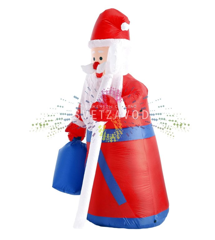 Детальное фото надувной фигуры 3D Дед Мороз 180 см с посохом, компрессором и адаптером. Видны светодиодная подсветка и крепления.