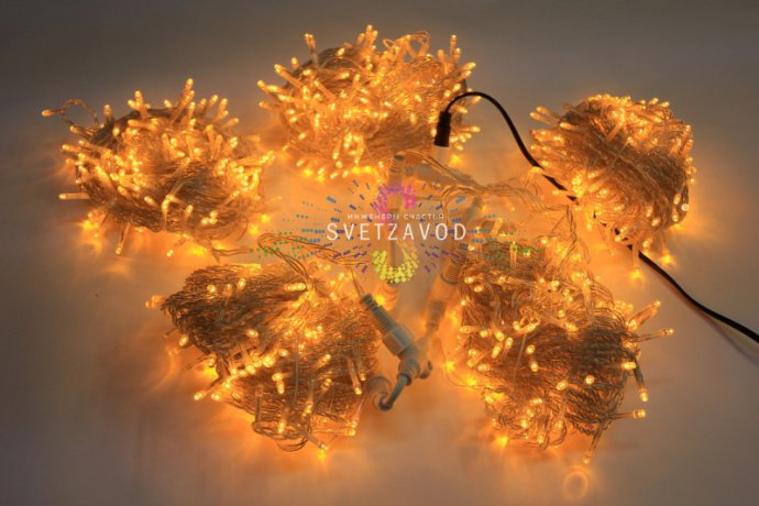 Детальное фото Клип Лайт Спайдер: 5 желтых нитей по 20 метров, прозрачный провод ПВХ, светодиоды с шагом 10 см, блок питания 24В