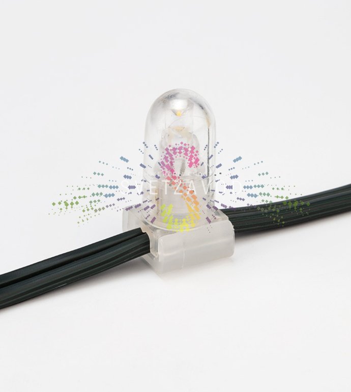 Крупный план светодиодного Клип Лайта 12В с защитными колпачками, демонстрирующий равномерное расположение диодов на зеленом ПВХ-кабеле.