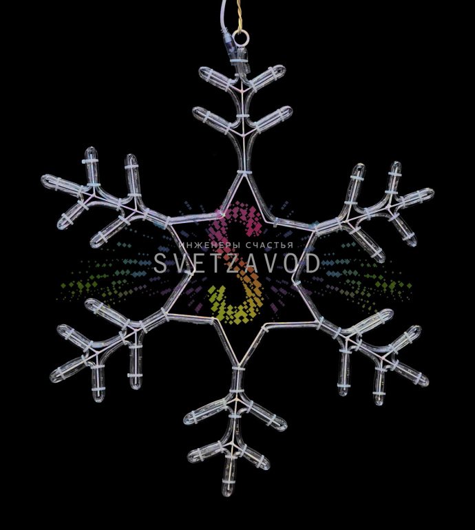 Крупный план светодиодной снежинки для уличного декора. Виден металлический каркас с порошковой покраской, светодиодный дюралайт, шнур питания и монтажное ушко.