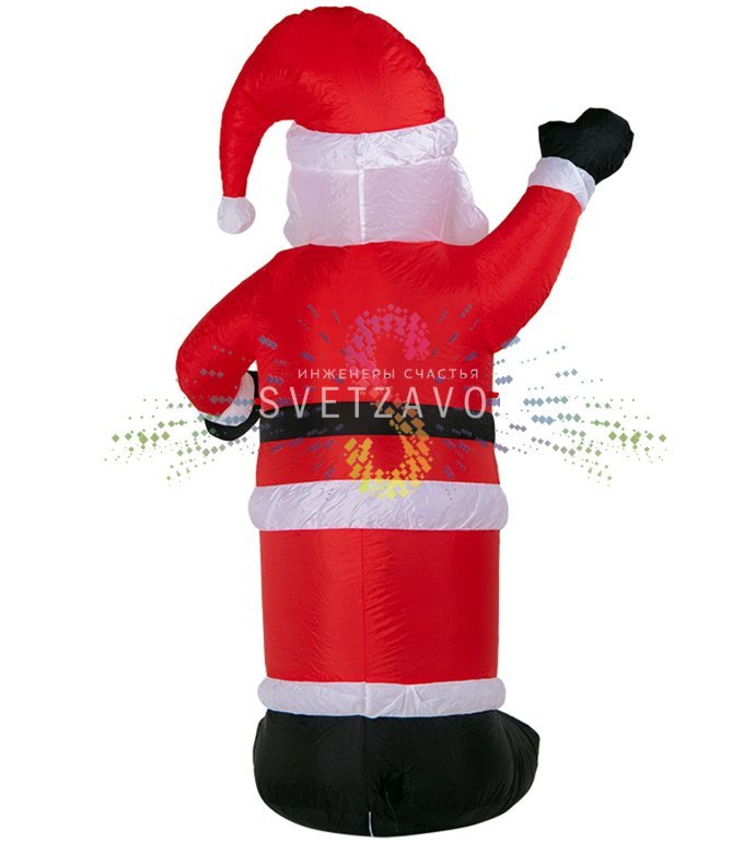Детальное фото надувной фигуры 3D Дед Мороз 180 см от Neon-Night. Видны светодиодная подсветка, прочный ПВХ материал, компрессор и элементы крепления в комплекте.