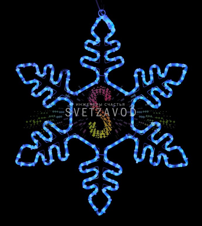 Детальное фото синей светодиодной снежинки 75 см на металлическом каркасе с подключенным кабелем питания.