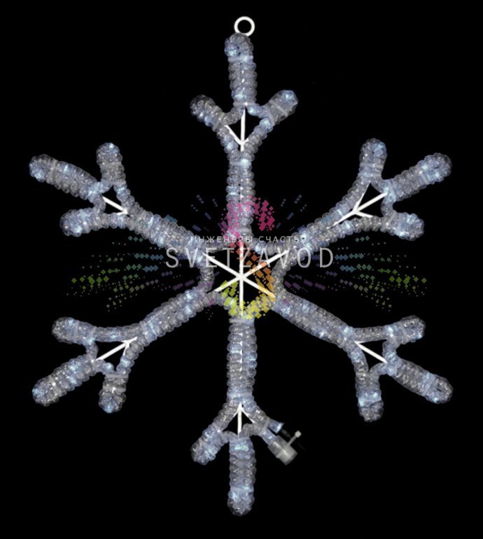 Детальное изображение светодиодной снежинки 52 см синего свечения с металлическим каркасом, шнуром питания и ушком для монтажа. Детальное изображение светодиодной снежинки 52 см синего свечения с металлическим каркасом, шнуром питания и ушком для монтажа.