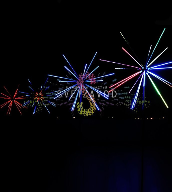 Крупный план светодиодного фейерверка Шар диаметром 5 метров с 52 пластиковыми лучами и металлическим каркасом. Крупный план светодиодного фейерверка Шар диаметром 5 метров с 52 пластиковыми лучами и металлическим каркасом.