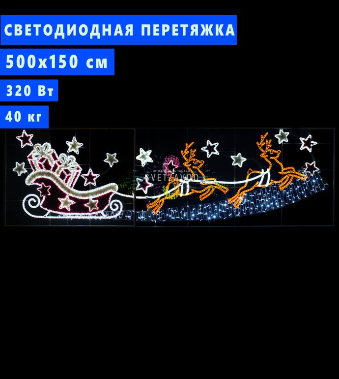 Детальное фото светодиодной перетяжки Сани с подарками: металлический каркас, LED-дюралайт красного, желтого, белого и теплого белого свечения, уличное крепление. Детальное фото светодиодной перетяжки Сани с подарками: металлический каркас, LED-дюралайт красного, желтого, белого и теплого белого свечения, уличное крепление.