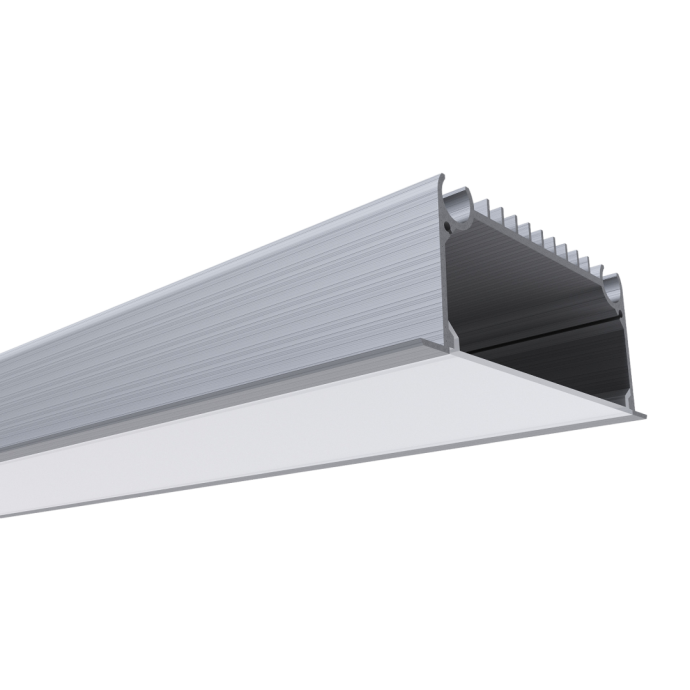 Деталь: алюминиевый профиль для LED ленты, анодированный, серебристый, П-образный, с матовым белым рассеивателем, 82x32 мм, встраиваемый, IP44.