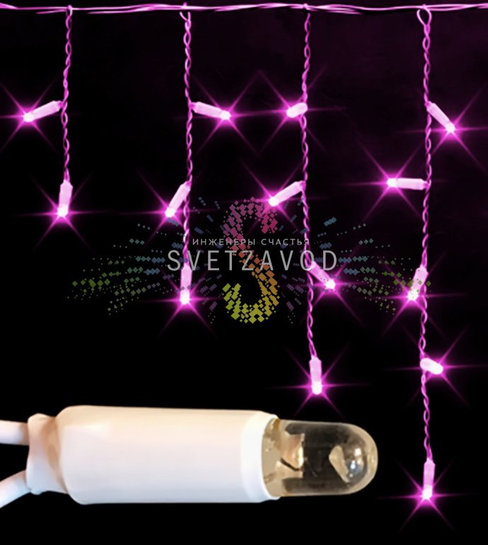 Детальное фото светодиодной бахромы Айсикл Rich Led: горизонтальная шина 3м с нитями разной длины, розовые светодиоды, прозрачный ПВХ-кабель, степень защиты IP65