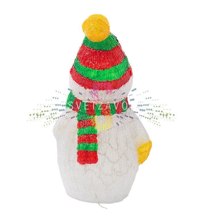 Детальное фото акриловой 3D фигуры Снеговика с шарфом. Видны 200 ярких светодиодов, металлический каркас и монтажные отверстия. Фигура установлена на улице.