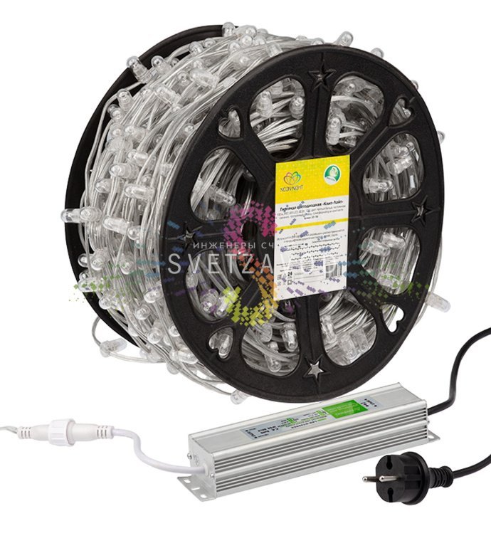 Крупный план светодиодного клип лайта 12В: прозрачный ПВХ кабель, защитные колпачки на диодах, расстояние между светодиодами 15 см.