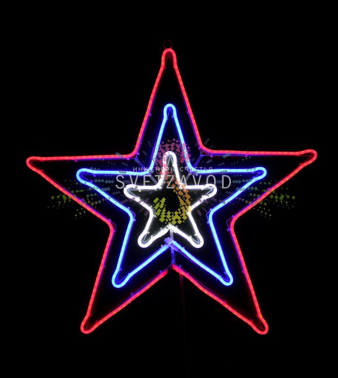 Детальное фото светодиодной уличной звезды 83 см с металлическим каркасом, неоновым шнуром и эффектом динамичной смены цветов (чейзинг). Видны элементы крепления и кольцо для подвеса.