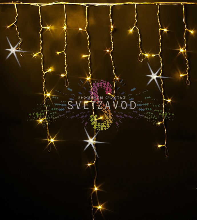 Детальное фото светодиодной бахромы Айсикл Rich Led: желтые светодиоды на прозрачном ПВХ-проводе, коннекторы для соединения, длина 3 метра с подвесками до 90 см.