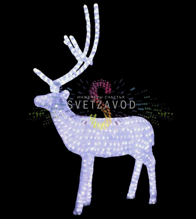 Детальное фото уличной акриловой световой фигуры 3D Олень папа белого цвета высотой 160 см с 2000 светодиодами, демонстрирующее качество сборки и свечение.