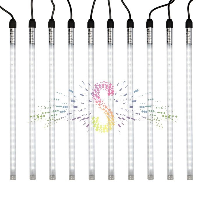 Детальное фото гирлянды Тающие сосульки: 10 пластиковых трубок по 30 см на 10-метровом каучуковом проводе, блок питания 24В.