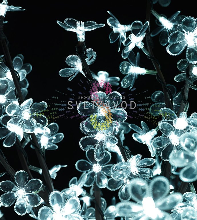 Детальное фото светодиодного дерева Сакура (арт. SDK-612) с холодным белым свечением 1728 LED, защитой IP65 для улицы и черным стволом.