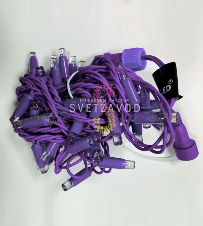 Детальное фото гирлянды-нити Стринг Лайт: фиолетовый ПВХ провод, фиолетовые светодиоды DIP с защитными колпачками, расстояние между диодами 10 см.