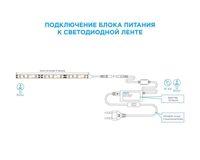 Блок питания (адаптер), 12В, 12 Вт, 85-265В, 1А, IP44, 76х28х43мм, коннектор 2.5 x 5.5мм, плас