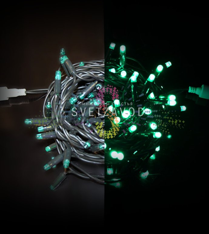 Детальное фото гирлянды-нити Стринг Лайт SGG-238: зеленые светодиоды на зеленом резиновом проводе с защитными колпачками, степень защиты IP65.
