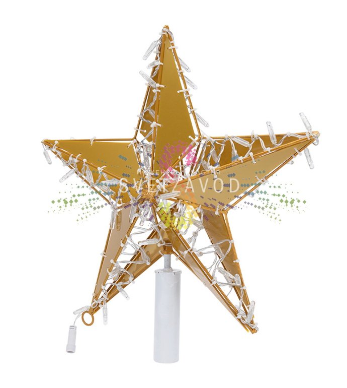 Детальное фото светодиодной звезды для елки Neon-Night: объемная 3D конструкция 50 см, 80 светодиодов теплого белого свечения, съемная монтажная труба и кольцо для подвеса.