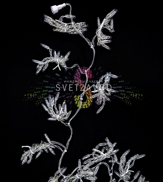 Детальное фото светодиодного дождя Rich Led: горизонтальный шлейф 2 метра с 20 нитями по 1 метру, 200 светодиодов белого холодного свечения, прозрачная изоляция ПВХ.