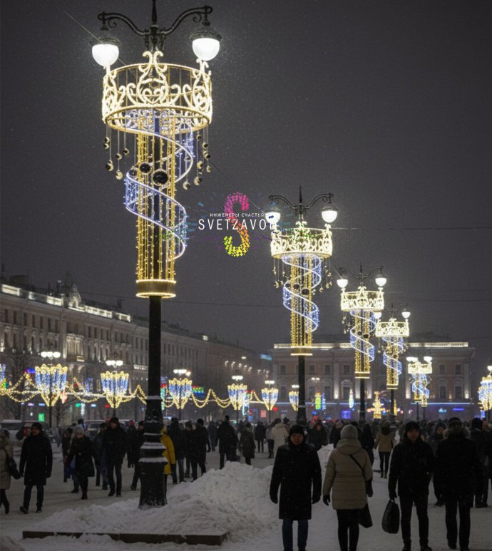 Крупный план светодиодной консоли Корона от Светзавод, металлический каркас, светодиоды синего и теплого белого цвета, уличное исполнение.