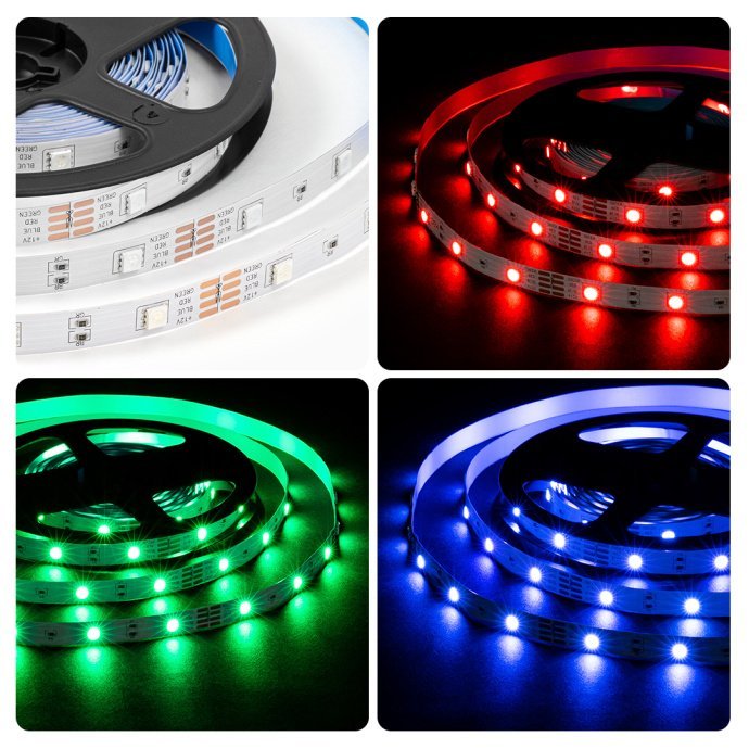 Детальное фото гибкой светодиодной ленты RGB SMD5050 30д/м IP20, ширина подложки 10мм, 5 метров, белая основа, многоцветное свечение, 12В.