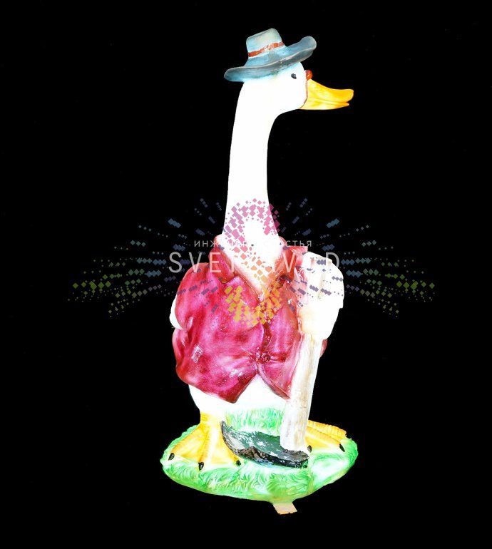 Детальное фото светодиодной фигуры Гусь с мотыгой. Видны текстура стекловолокна, внутренняя LED-подсветка и элементы конструкции.
