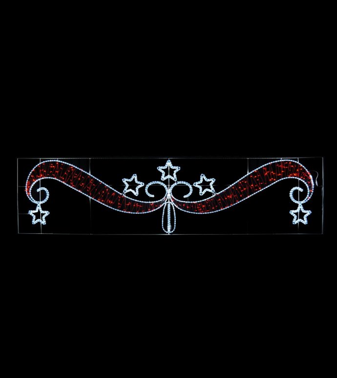 Детальное фото светодиодной перетяжки Звезды на красной ленте: металлический каркас 20х20 мм, красные светодиоды, уличные хомуты, вилка для подключения 220В.