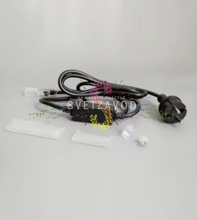 Комплект подключения SLD-591 для светодиодного дюралайта диаметром 13 мм, черный пластиковый корпус с клеммами и проводами для подключения к сети 220В.