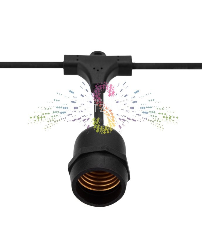 Детальное фото гирлянды в стиле Лофт: черный каучуковый шнур с подвесными патронами Е27, расстояние между лампами 40 см. Детальное фото гирлянды в стиле Лофт: черный каучуковый шнур с подвесными патронами Е27, расстояние между лампами 40 см.