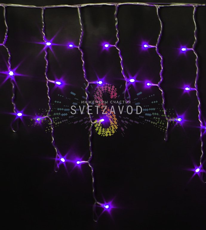 Детальное изображение светодиодной бахромы Rich Led: горизонтальный кабель 3 метра с вертикальными нитями разной длины (20-50 см), фиолетовые светодиоды, прозрачная оболочка, коннекторы для соединения.