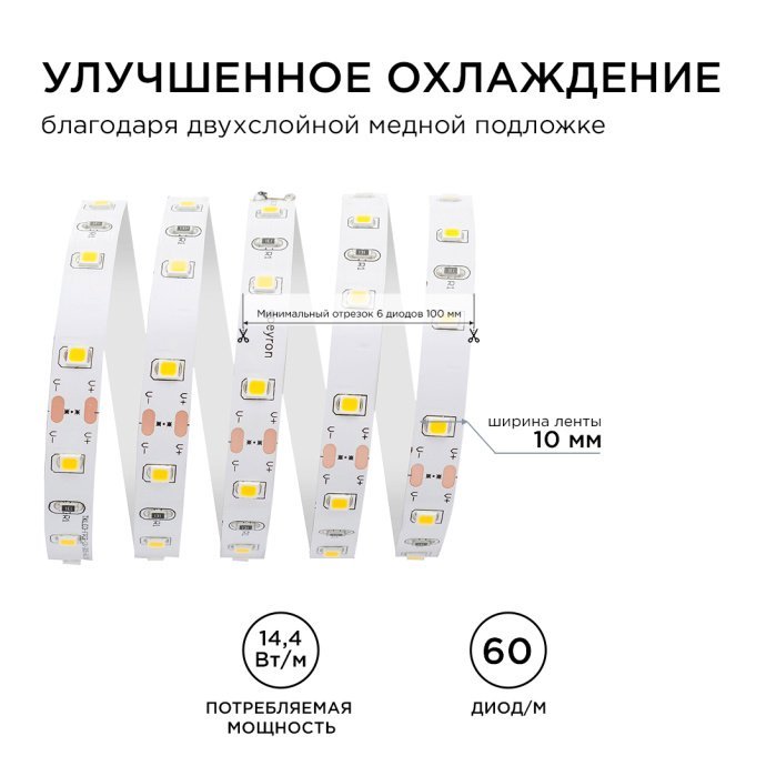 Светодиодная лента SMD5050 60д/м дневной белый свет (4000К), ширина 10мм, 5 метров, на белой гибкой двухслойной плате, IP20