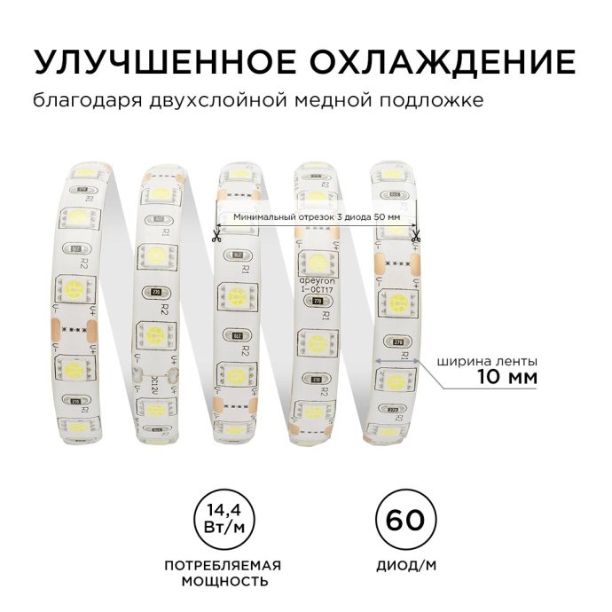 Детальное изображение светодиодной ленты 12В холодного белого свечения SMD5050 60д/м IP65, бухта 5м на белой основе.