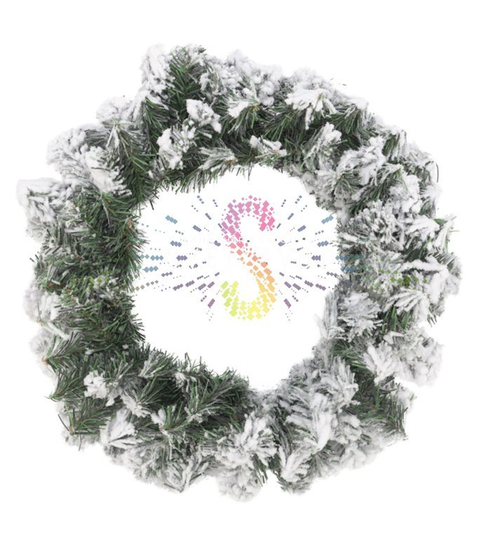 Детальное фото рождественского венка Neon-Night: реалистичные заснеженные ветки ПВХ, пышный объем, диаметр 45 см, темно-зеленая основа с белым покрытием.