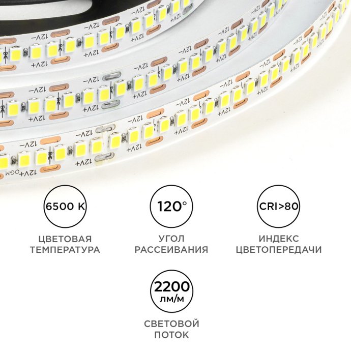 Детальное изображение светодиодной ленты Apeyron Electrics 12В, холодный белый 6500К, 240д/м, IP20, белая подложка, SMD2835.