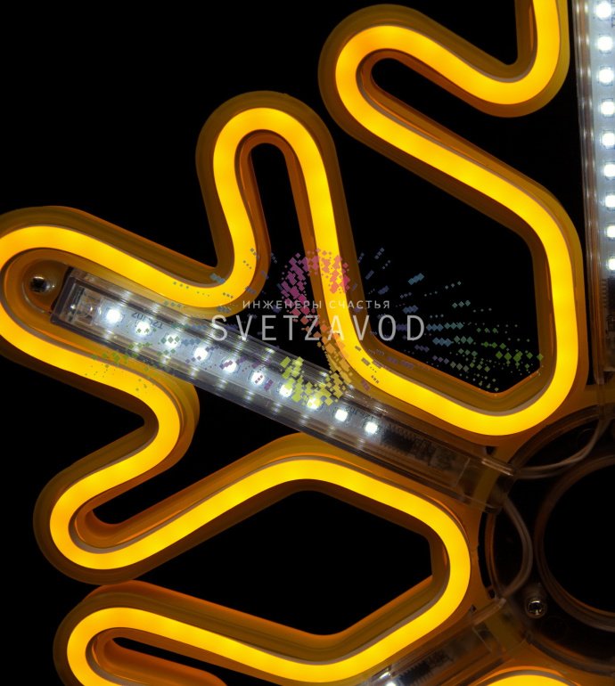 Детальное фото светодиодной снежинки 40 см желтого неонового свечения с эффектом плавно стекающих тающих сосулек, прочный пластиковый каркас, монтажное ушко, степень защиты IP65.