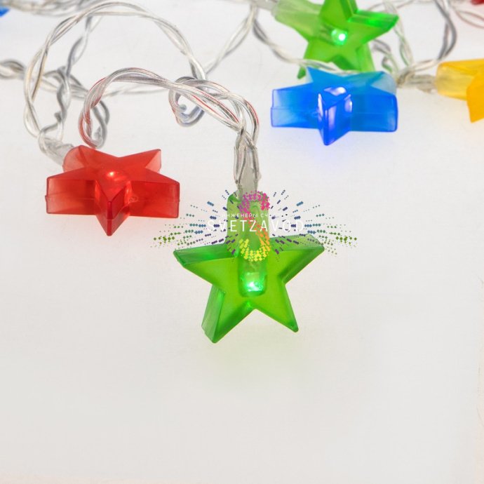 Детальное фото гирлянды Neon-Night Звездочки: матовые разноцветные звездочки, прозрачный ПВХ провод длиной 1,5 м, батарейный блок для 2х АА.