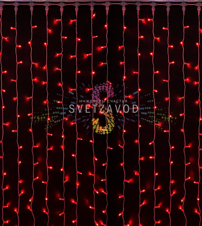 Детальное фото светодиодного дождя Rich Led: горизонтальный шлейф 2м с 20 нитями по 6м, красные светодиоды, белый ПВХ провод, защитные колпачки, коннекторы.