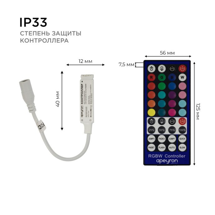 Детальное фото контроллера RGBW 04-40 Apeyron Electrics: клеммы, индикатор, радио пульт 40 кнопок, накладной монтаж, размер 40х12х7мм