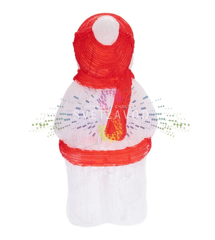 Детальное фото акриловой 3D фигуры Снеговика высотой 59 см. Видны яркие светодиоды, синие варежки, металлический каркас и защищенный от влаги корпус.