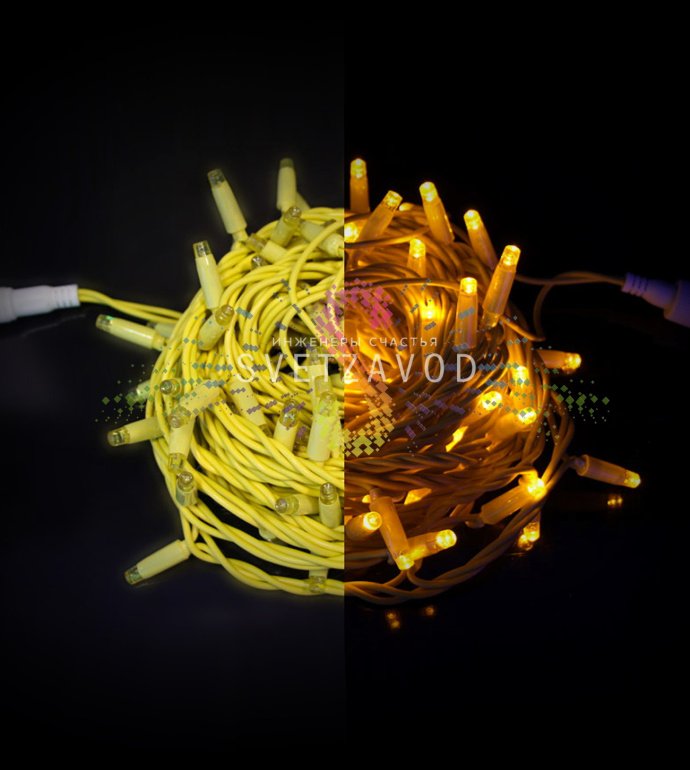 Детальное фото гирлянды-нити Стринг Лайт Rich Led: желтые светодиоды с защитными колпачками на желтом резиновом проводе, длина 10 метров.