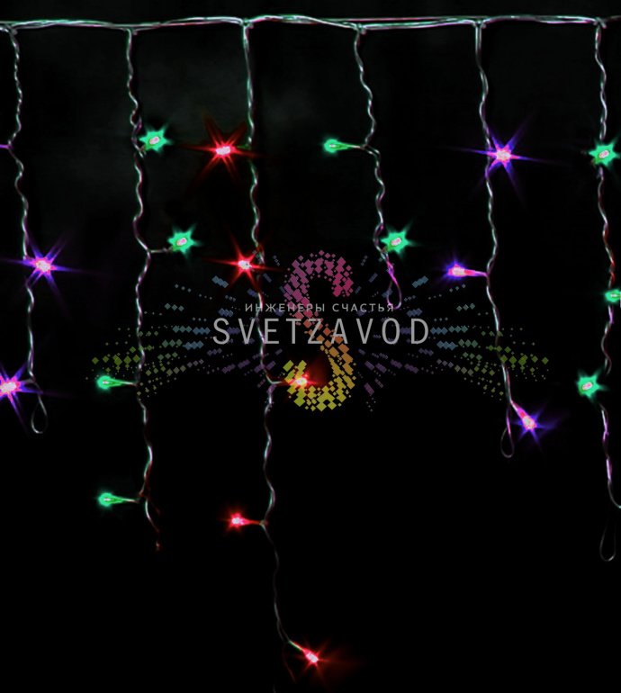 Детальное фото светодиодной бахромы Айсикл Rich Led: горизонтальный кабель 3м с вертикальными нитями 0.5м, прозрачный ПВХ, мультицветные светодиоды, коннекторы для соединения.