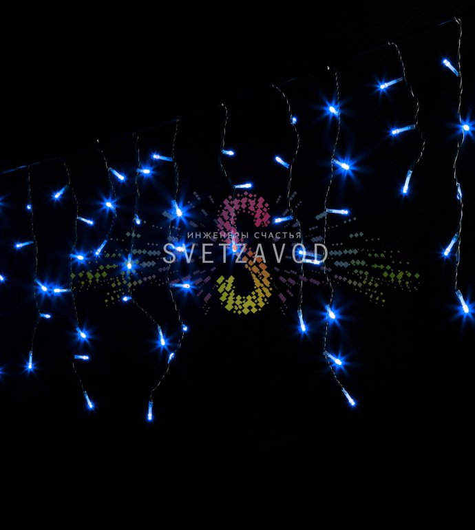 Детальное фото светодиодной бахромы Айсикл Rich Led: горизонтальный кабель 3 метра с синими светодиодами на нитях разной длины, черный ПВХ провод, IP54.