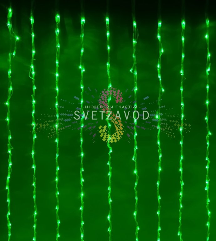 Детальное фото светодиодного дождя SPL-908: 21 вертикальная нить с зелеными диодами, контроллер, прозрачные провода ПВХ, коннекторы для соединения.