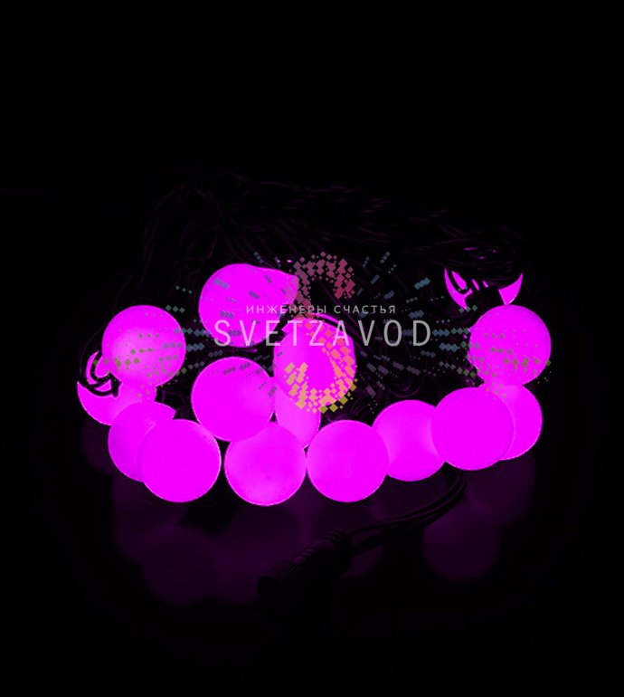 Детальное фото гирлянды Шарики: черный ПВХ кабель длиной 5м, 18 розовых шаров диаметром 38мм, влагозащищенный разъем и блок питания 220В.