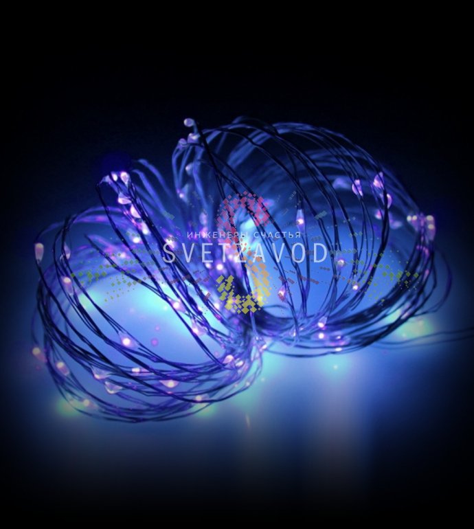 Детальное фото гирлянды Роса: фиолетовые светодиоды на проводе, демонстрация степени защиты IP65, длина 10м, 100 LED.