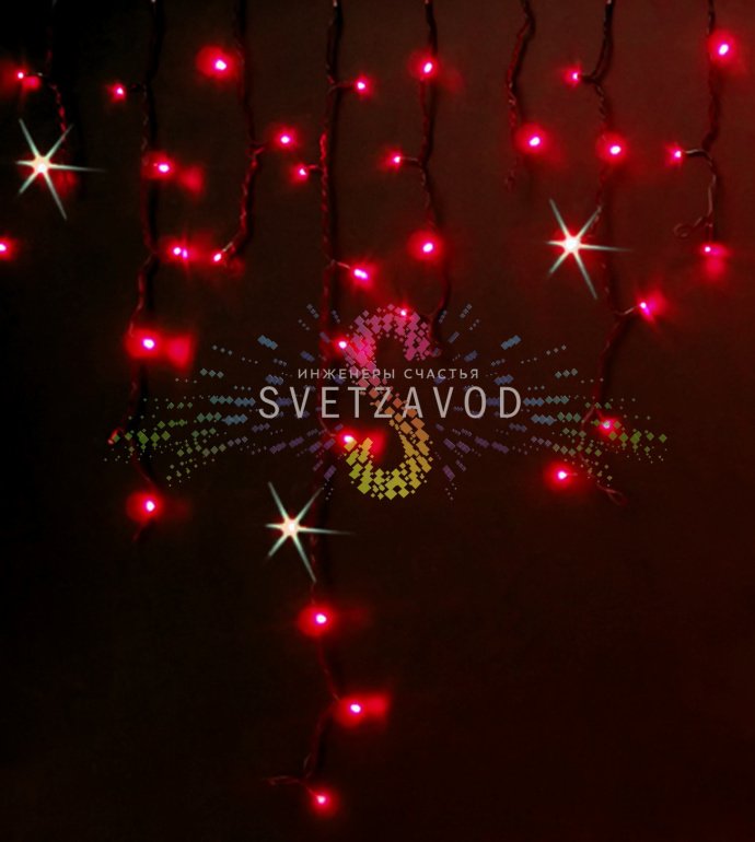 Детальное фото светодиодной бахромы Айсикл Rich Led: черный ПВХ провод, красные светодиоды, коннекторы для соединения, размер 3 метра в длину с нитями до 90 см.