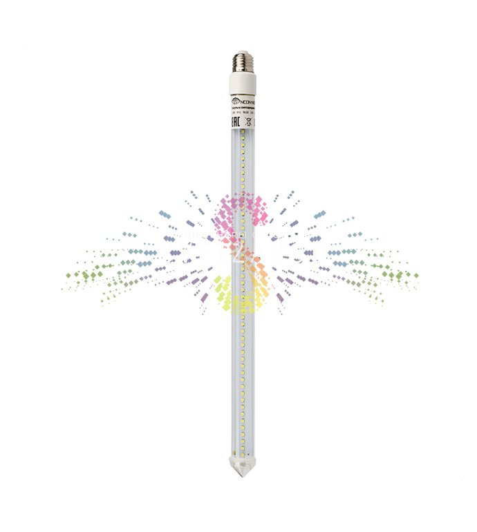 Детальное фото светодиодной сосульки Neon-Night длиной 50 см с цоколем E27, демонстрирующее двустороннее расположение 96 светодиодов внутри прозрачной трубки.