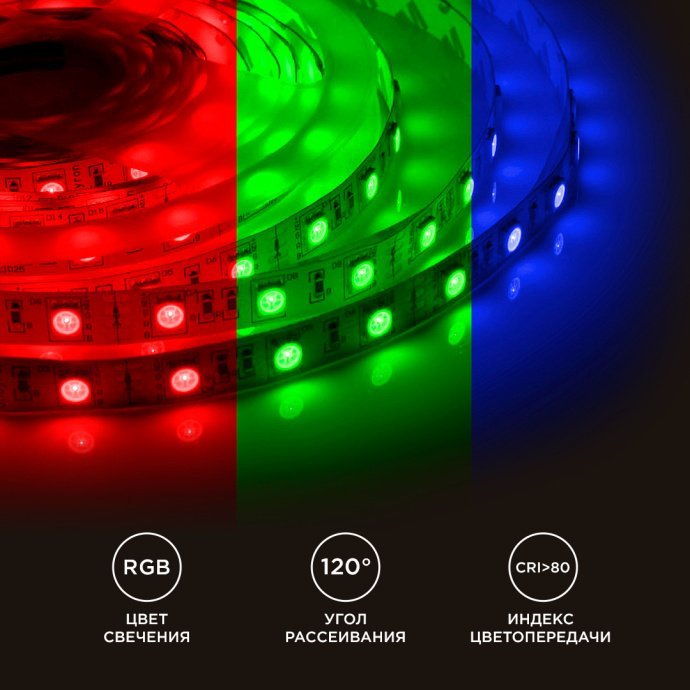 Детальное фото: многоцветная RGB лента 5м SMD5050 30LED/м 12В IP20 шир.10мм, рез 100мм.