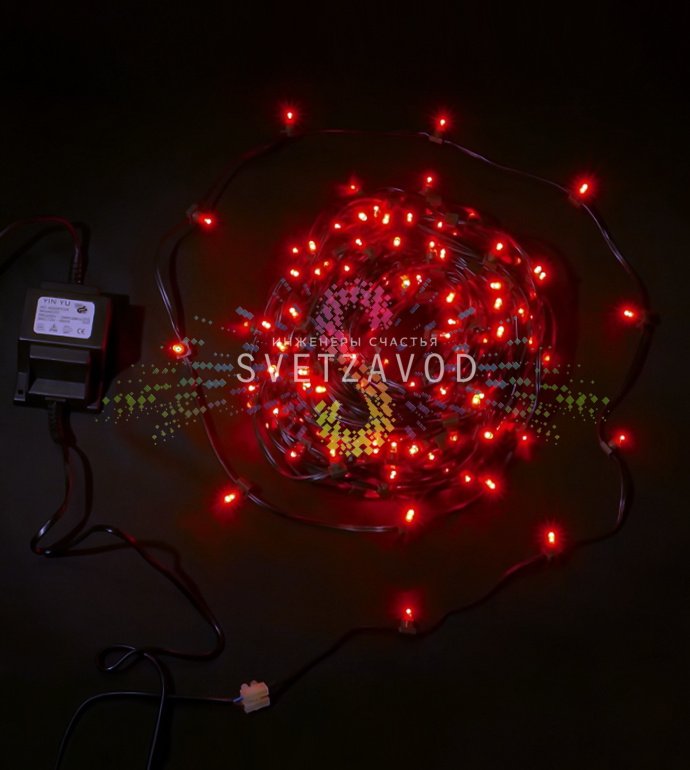 Детальное фото светодиодной гирлянды Клип Лайт 12В: красные светодиоды на темно-зеленом ПВХ кабеле, блок питания, упаковка. Детальное фото светодиодной гирлянды Клип Лайт 12В: красные светодиоды на темно-зеленом ПВХ кабеле, блок питания, упаковка.